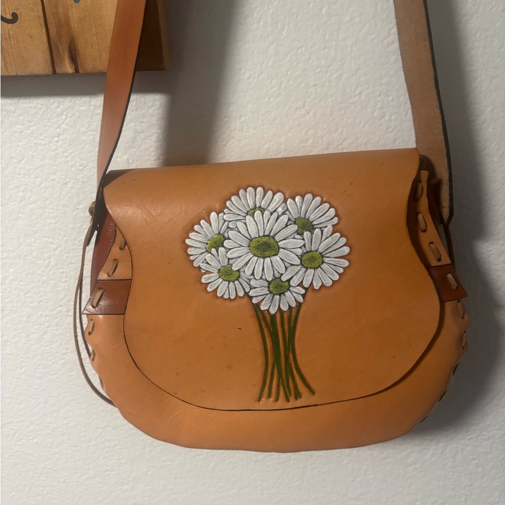 Tan Leather Bag with Daisy Design